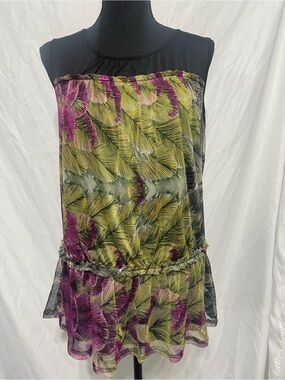Democracy Sheer shoulder Tropical Print Blouse.Lime and Magenta. Size M.Preowned